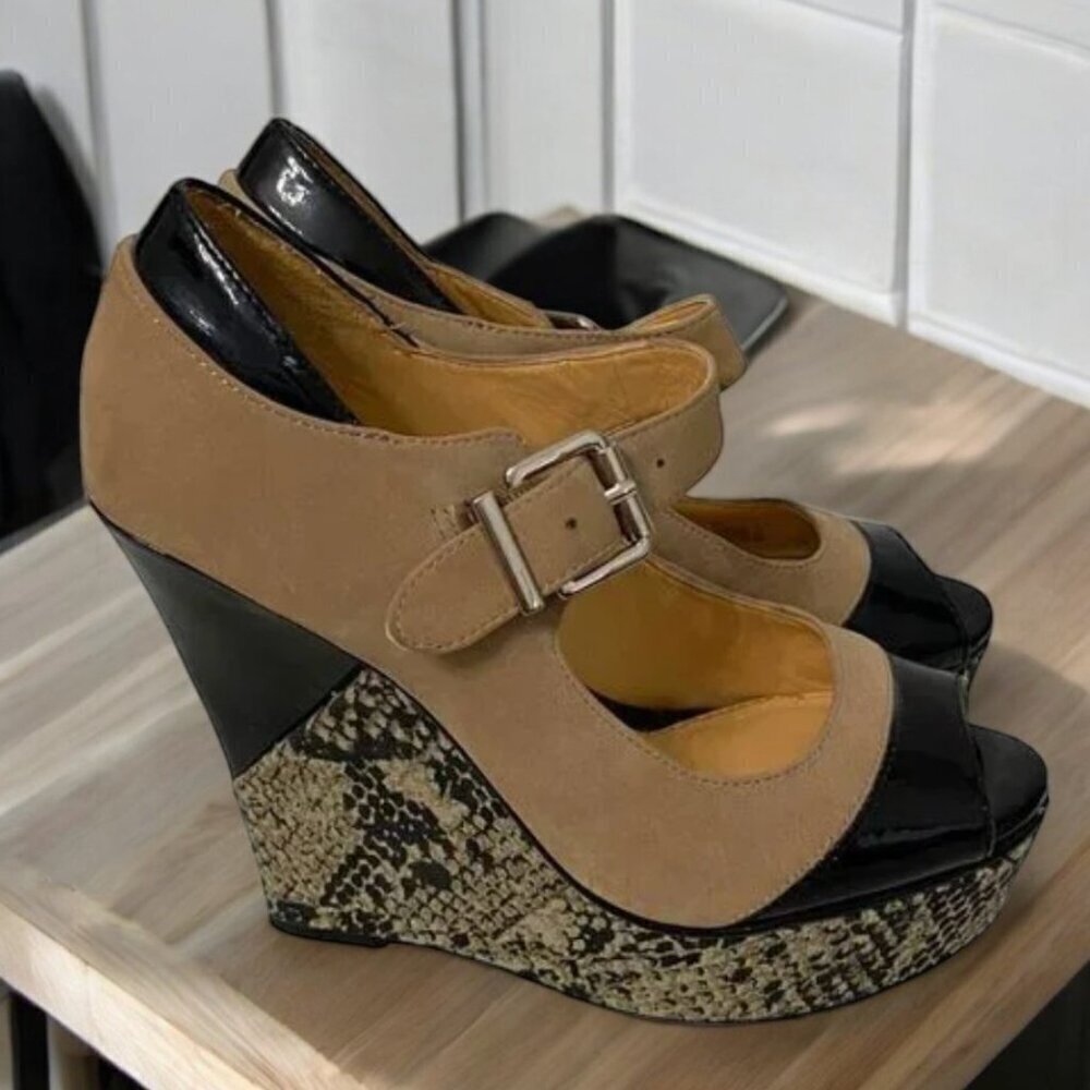 Gianni Bini Suede Patent Leather Snake Print Platform Mary Jane Wedge Heels Sz 6